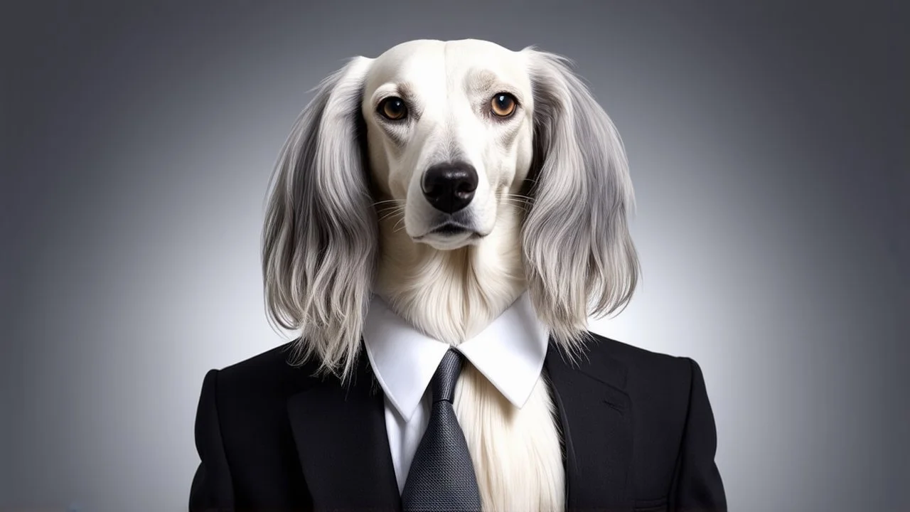 A portrait of a Saluki dog with a human body, wearing a black business suit and a white blouse, set against a gradient gray background. The dog's fur is a mix of white and gray, with long, flowing hair that frames its face. The lighting is soft and diffused, highlighting the textures of the fur and the fabric of the suit. The composition is a close-up, focusing on the dog's face and upper body, creating a sense of formality and professionalism.
