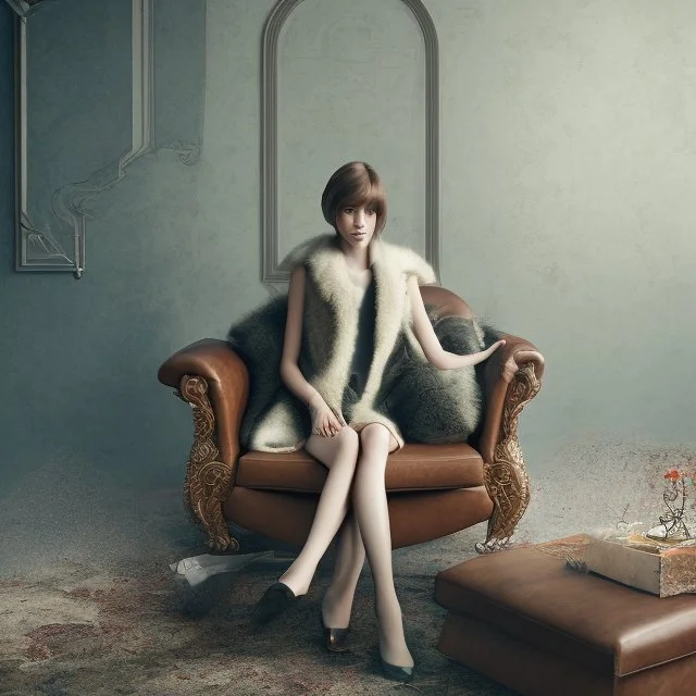 photography national geographic style girl sits on leather armchair.