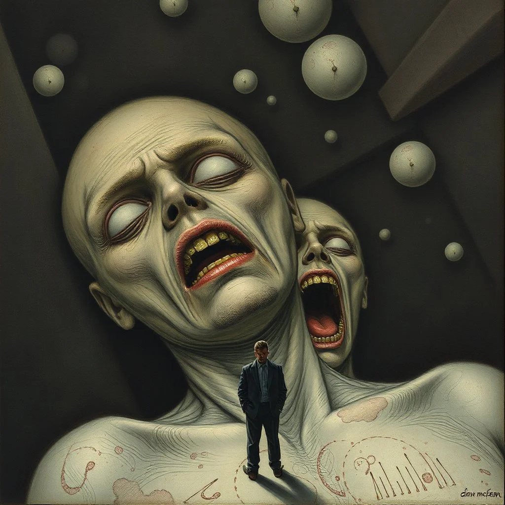 Human subconscious stain, homogenized obsolescence phobia, by Pawel Kuczynski and Dave mcKean, surreal, comic image, sinister