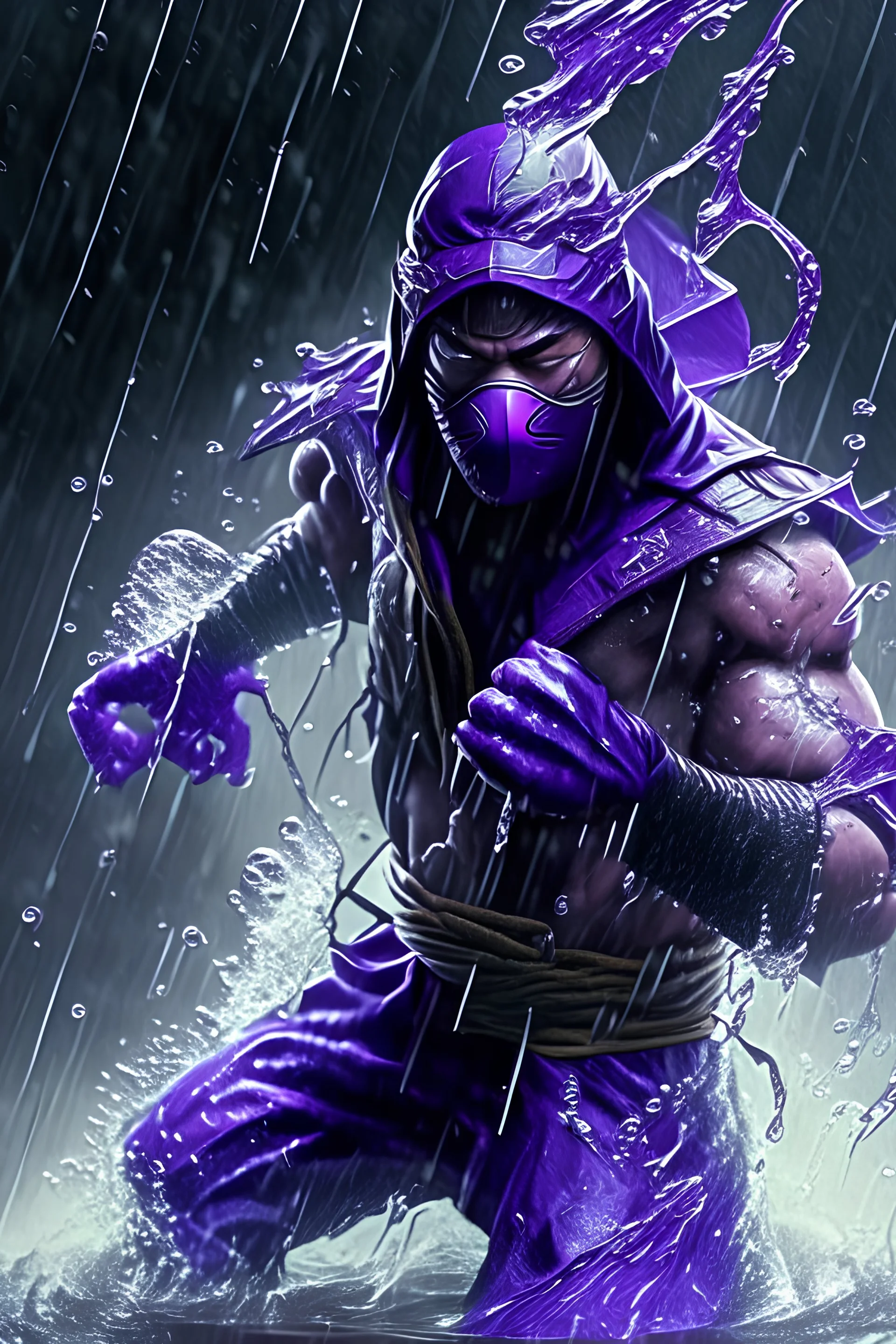 10k hyper realistic detailed Rain the masked purple ninja water demi god using his water bending powers (mortal Kombat) in forrest