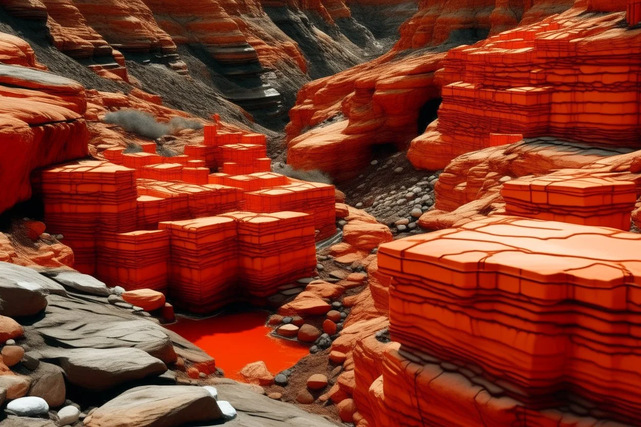 A reddish orange colored canyon with batteries and high voltage grounds designed in Ica stones painted by Hashimoto Gaho