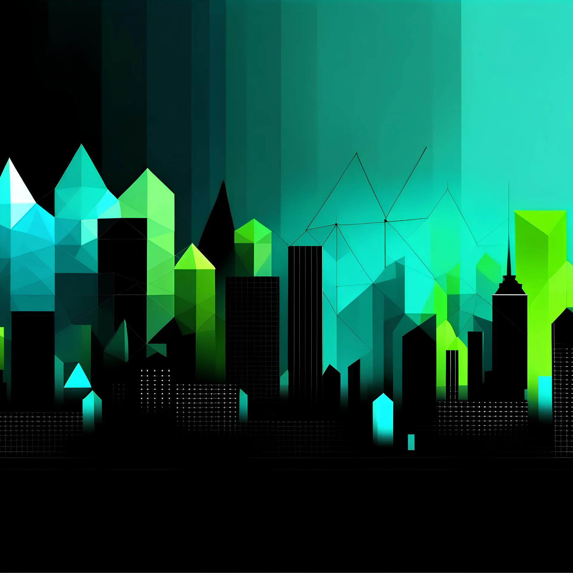 Digital illustration of a minimalist, polygonal and digital city, colors are black, light blue and light green (#CCE7D5).