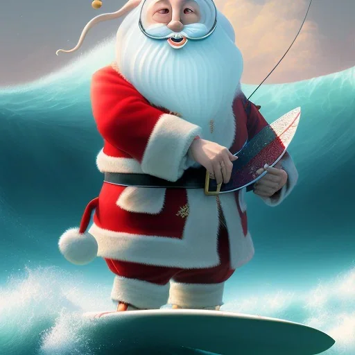 Santa standing of surfboard surfing a big wave, empty hands, beach, character design by cory loftis, fenghua zhong, ryohei hase, ismail inceoglu and ruan jia. unreal engine 5, artistic lighting, highly detailed, photorealistic, fantasy