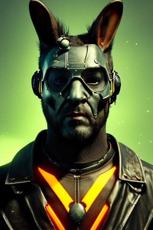 Medium Close Up Portrait, Front image. cyberpunk, rabbit mask, british man, black hair and beard. latex suit army. Red, yellow, color. Mad max style. Color background, photo studio. Avatar image, highly detailed, concept art, smooth, unreal engine 5, ray tracing, RTX, lumen lighting, ultra detail, volumetric lighting, 3d, finely drawn, high definition, high resolution.