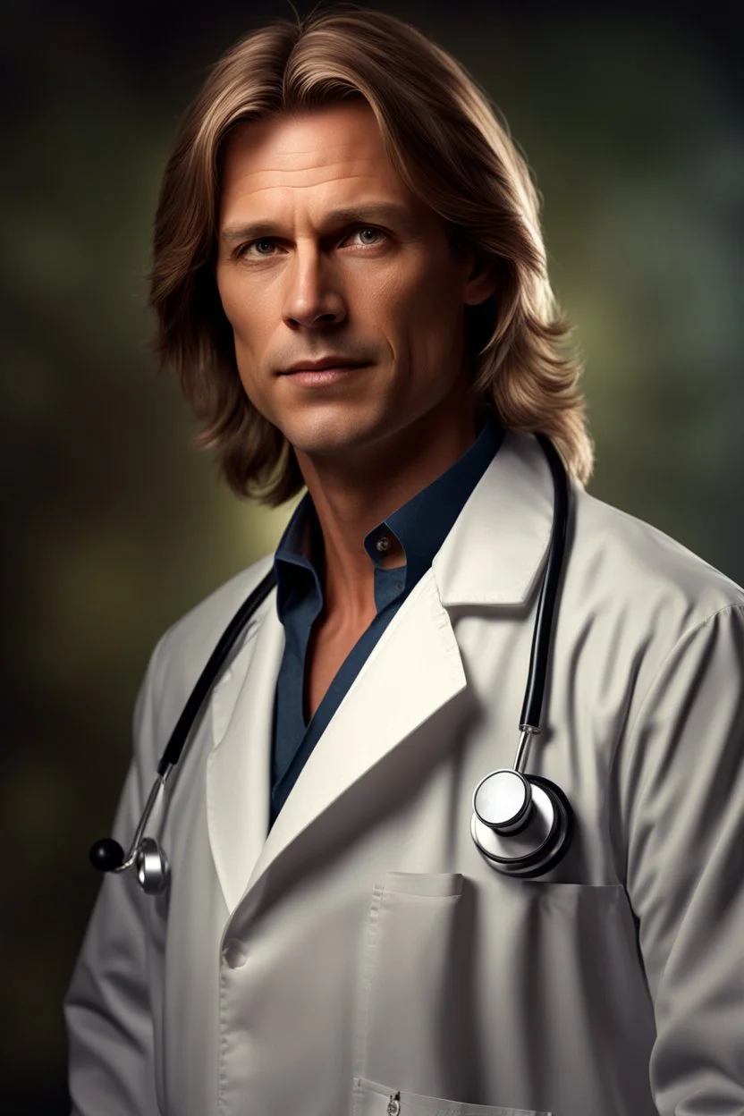 Portrait of a 40 year old handsome male norwegian doctor with shoulder length hair, photorealistic, fantasy