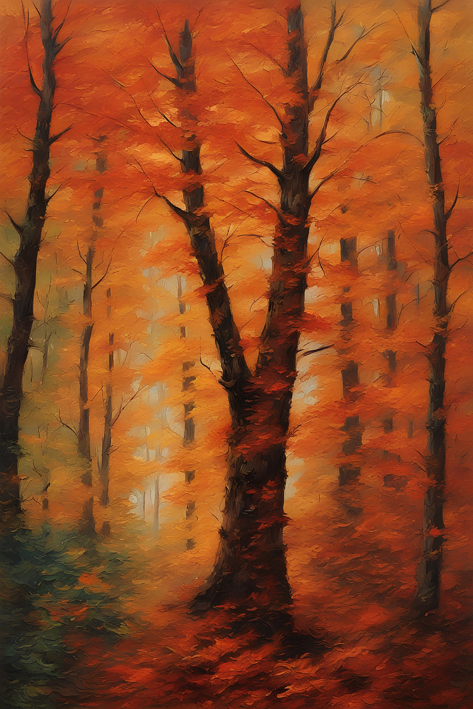 Step into a realm where the colors of autumn dance with a vibrant intensity, as if the trees themselves are ablaze with passionate emotions. In this forest, painted in thick impasto strokes of oil, the air is filled with a palpable sense of energy. The trees, with their fiery leaves, stand tall and proud, their trunks adorned with rich textures and bold brushstrokes, creating a three-dimensional feast for the eyes. The ground, blanketed with fallen leaves, becomes a mosaic of warm hues, as if na