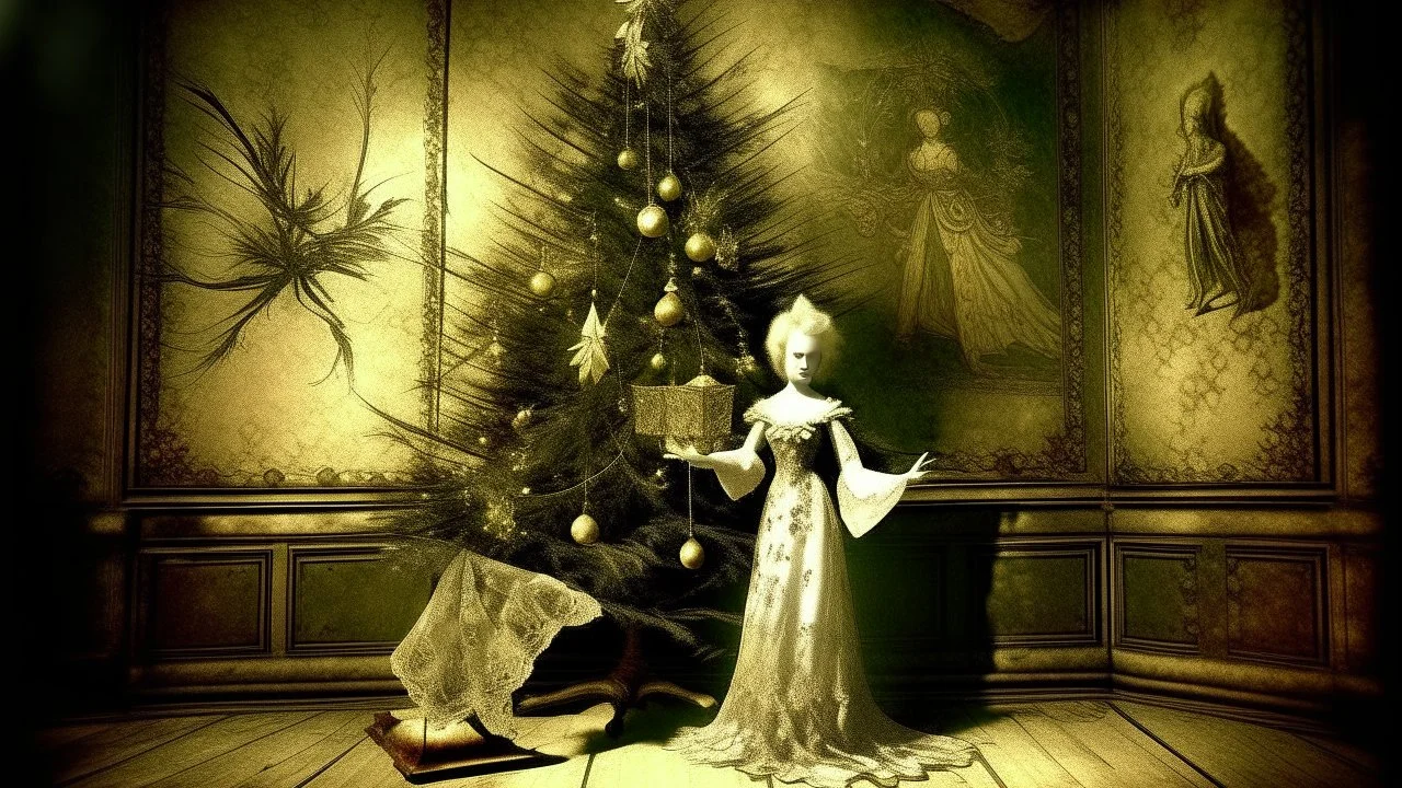 Empiriocriticism, cursed christmas angel and the christmas tree of the Empty Room, augmented reality, pantomim, masks, eerieland, abstract surrealism, glitter, calotype combineted tintype , performance art grainy editorial, kodakchrome, high-contrast