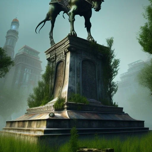 Monument, abandoned city centre, statue of human on top, look from distance, buildings visible whole statue, overgrown statue and monument, realistic, highly detailed