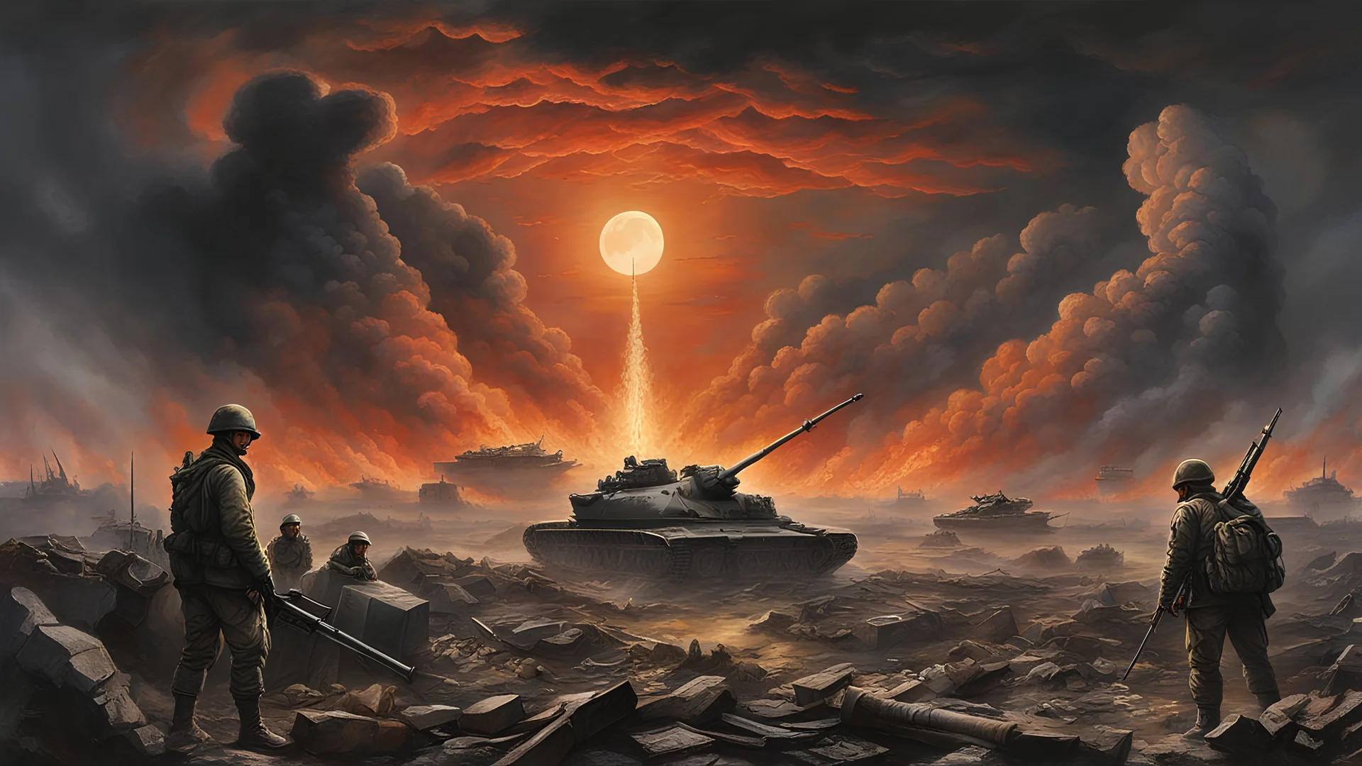 "Create a hyper-realistic painting that captures the grim essence of war's tragedy: In a moonlit, desolate battlefield, shattered tanks and twisted artillery lay amid the smoke and ruins. Soldiers, weary and haunted, stand in the foreground, their faces a blend of fear, despair, and determination. The backdrop shows a surreal sky where fiery clouds and spectral figures merge, symbolizing the surreal horrors of conflict."