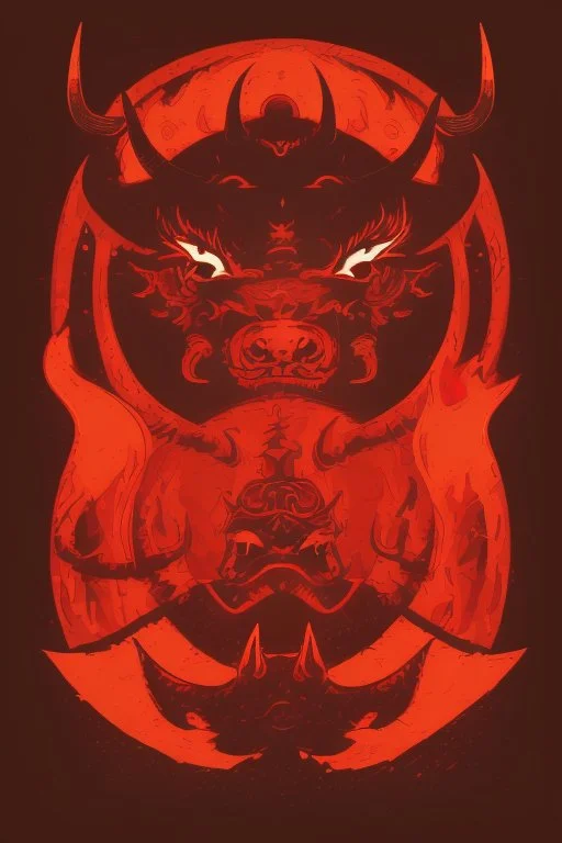 Vintage illustration of a demonic and magical bull made of red flames and fire, savage and obstreperous nature, charging down from black stormy sky, Tsuguyuki Kubo art, Topcraft, vintage storybook illustration, Beardsleyesque, ornamental, fantasy folk art, psychedelic, inspires by 70s Japanese anime, early Studio Ghibli, fantasy animation cartoon, last unicorn