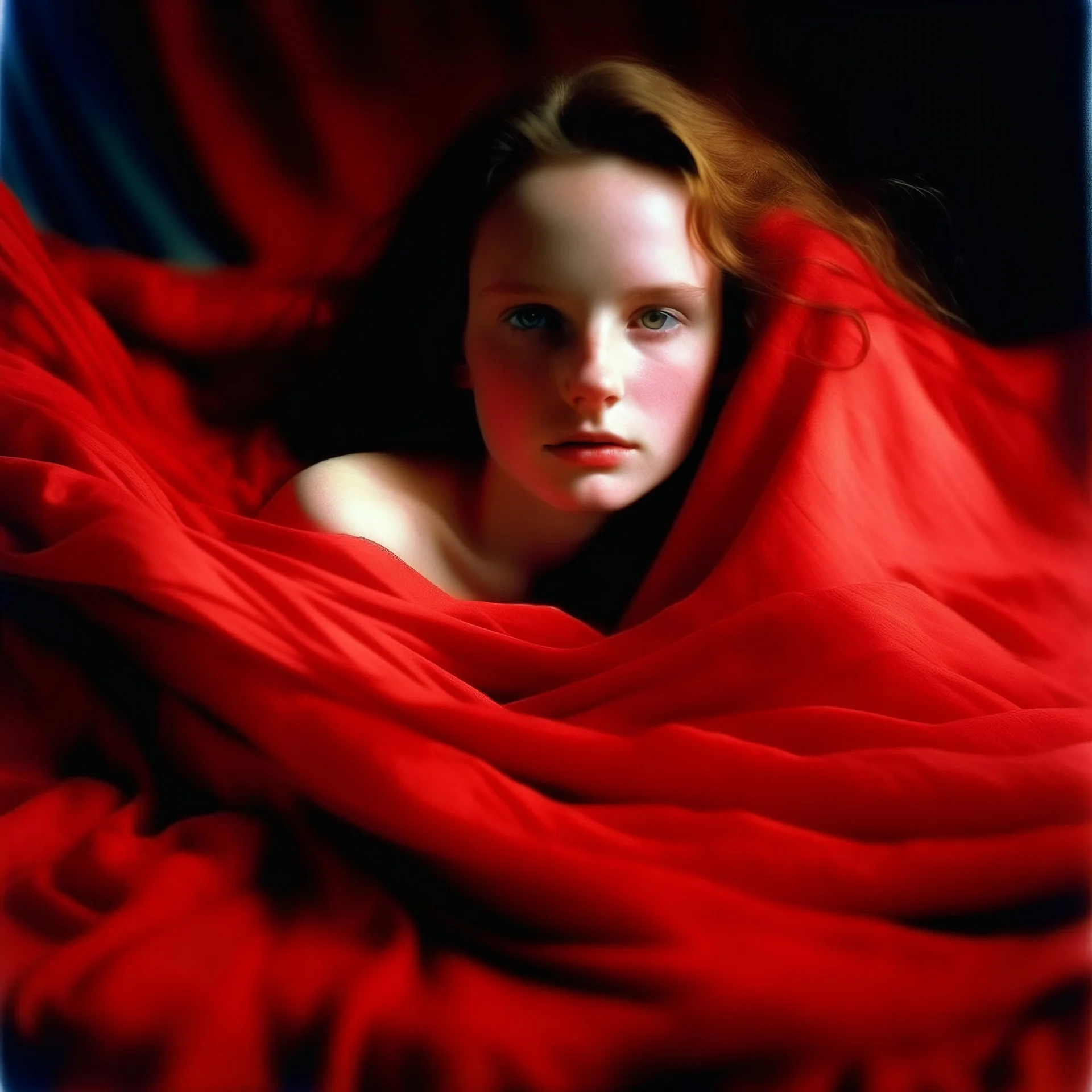 Lily cole under a red blanket, in the wind, autochrome, baroque