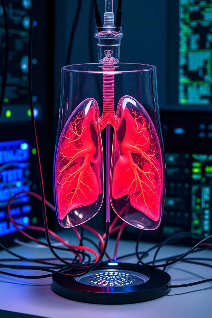 Photo of real lungs inside A glass cylinder connected with wires to main computer