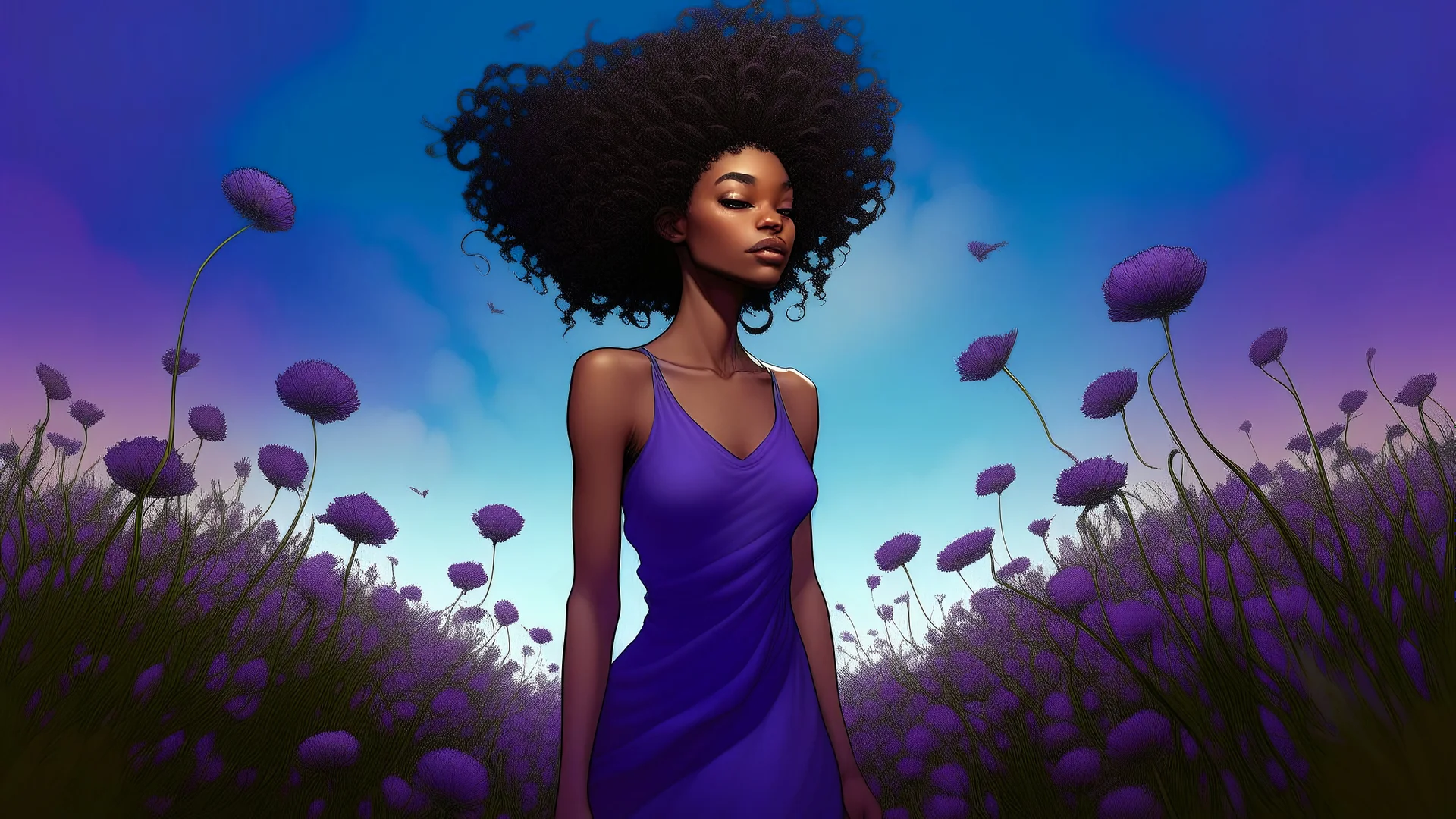 The image is a digital illustration of a young woman standing in a field of purple thistle flowers. She is wearing a long, flowing purple dress and has curly hair that is styled in an afro. The woman is looking off to the side with a serious expression on her face. In the background, there are several flies flying around her. The sky is a pale blue and the overall mood of the image is dreamy and ethereal.