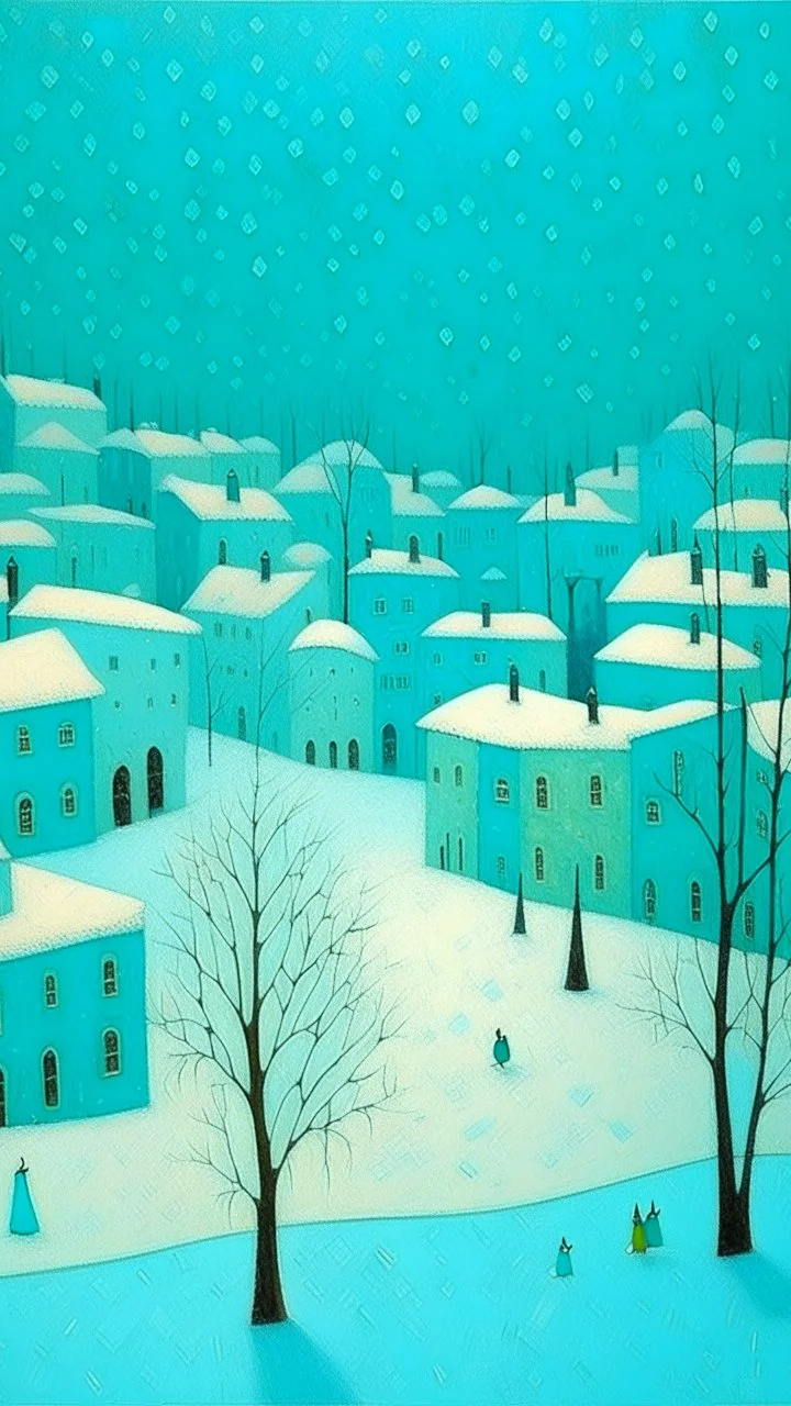 A cyan city in winter season with falling snowflakes painted by Georges Seurat