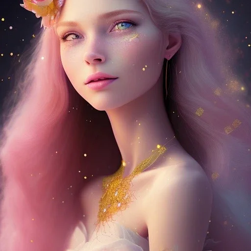 fairy, pink, blue, beautiful, happy smile, gold, jewels, hyperrealism, masterpiece, expert, cinematic lighting, sharp focus, 8K, pastel, macro lens, woman, detailed, flower