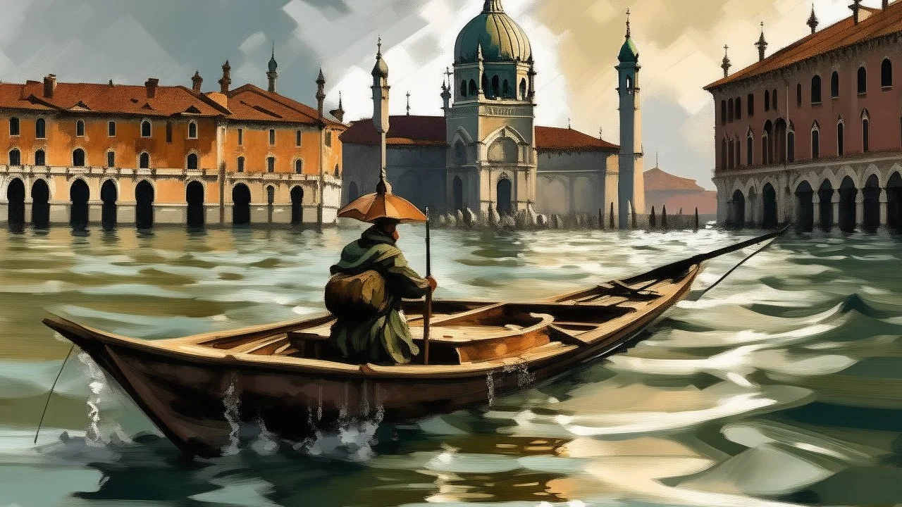 digital painting, A gondolier rowing a gondola in a flooded St. Mark's Square in Venice, with the iconic St. Mark's Basilica in the background, bold and slim lines, brush strokes