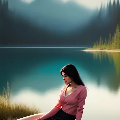 8k 4d photo realistic Highly detailed portrait of stunningly beautiful woman, sitting in near a lake, Atey Ghailan, by Loish, by Bryan Lee O'Malley, by Cliff Chiang, by Greg Rutkowski, inspired by image comics, potrait illustration,