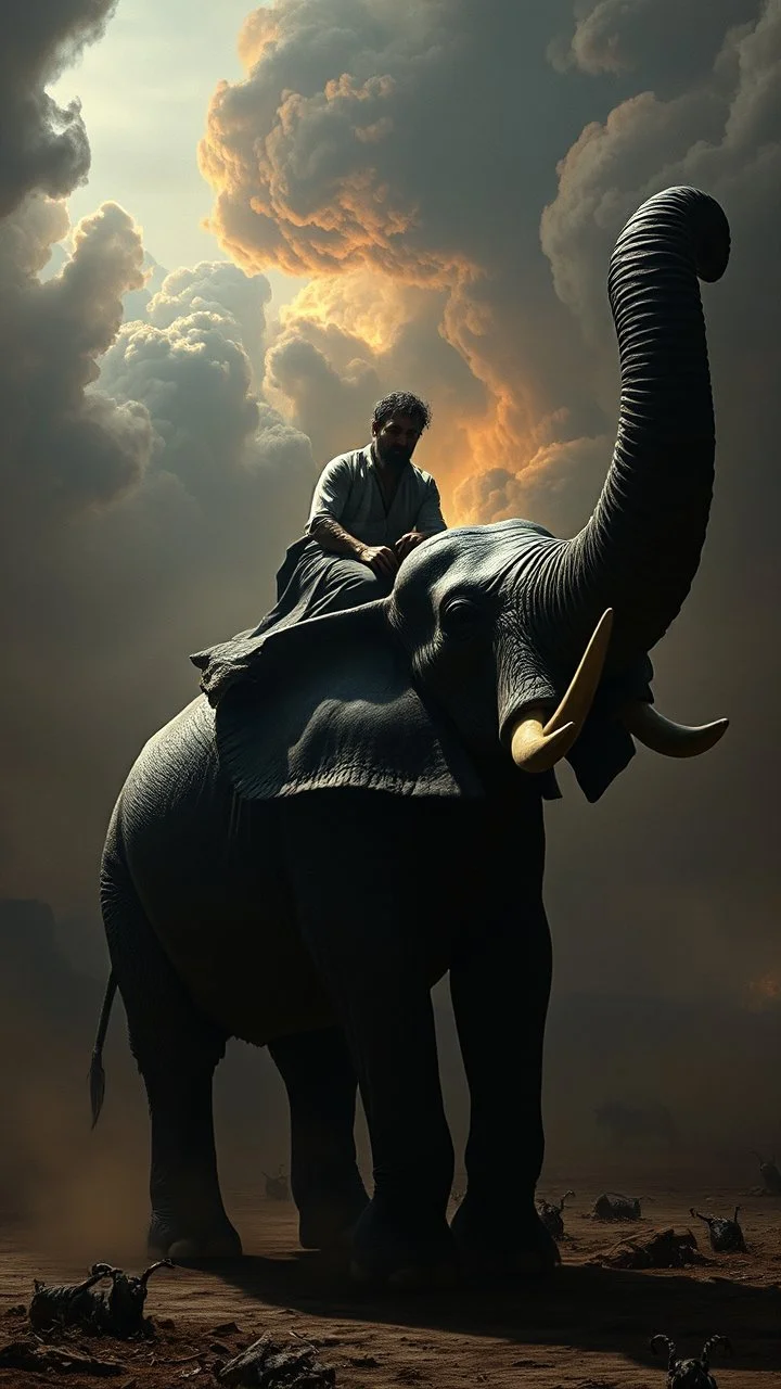 Bosch nightmares paining style Title: a man riding ran elephant , 8k artistic photography, photorealistic concept art, soft natural volumetric cinematic perfect light, chiaroscuro, award-winning photograph, masterpiece, oil on canvas, Raphael, Caravaggio’s, Greg Rutkowski, people, beksinski, Giger