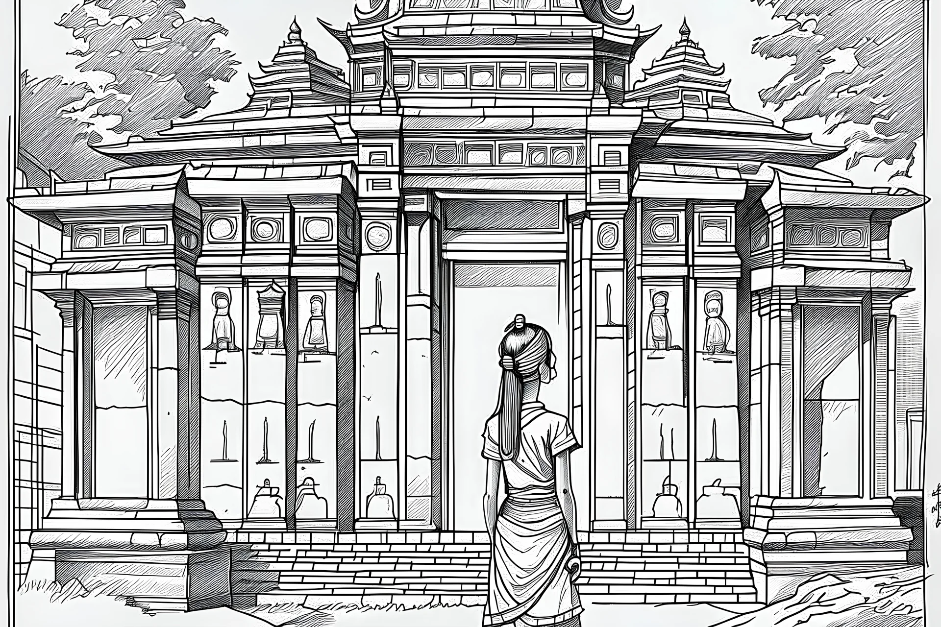 pencil sketch of a girl in a temple