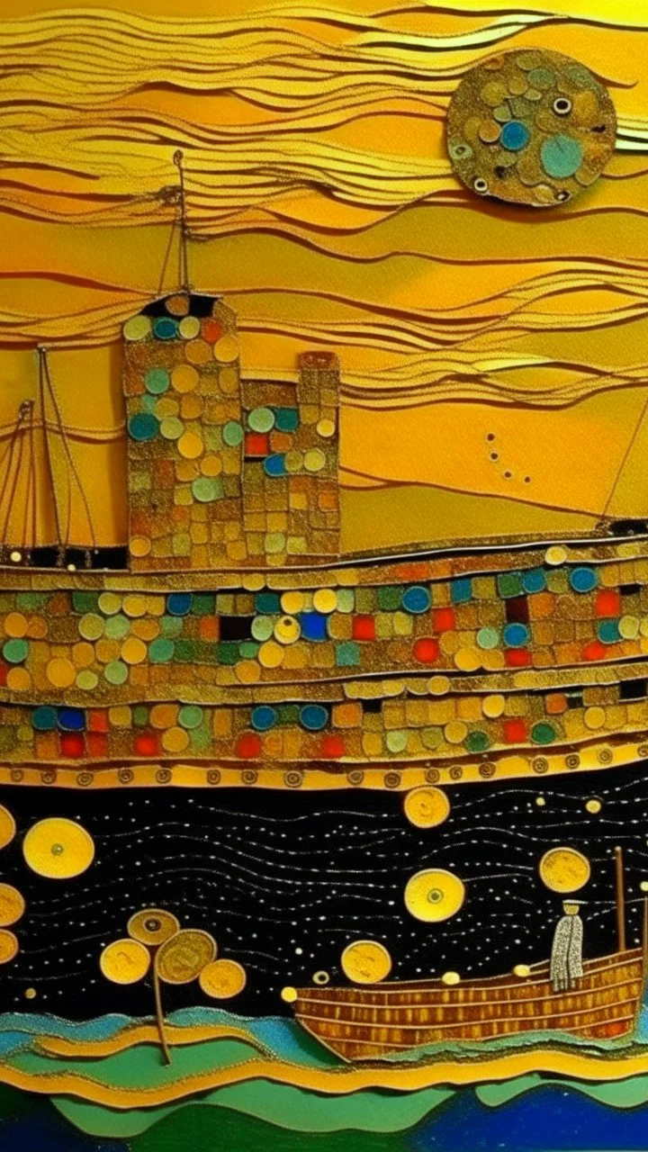 The ship fades out in the horizon, nostalgic goodbye, diorama in the style of Gustav klimt