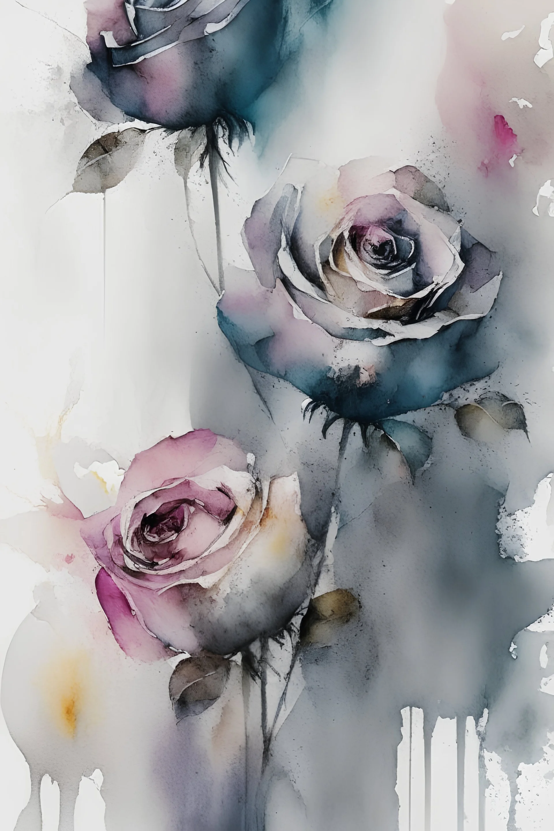 Abstract wet watercolour, grey bright colours roses