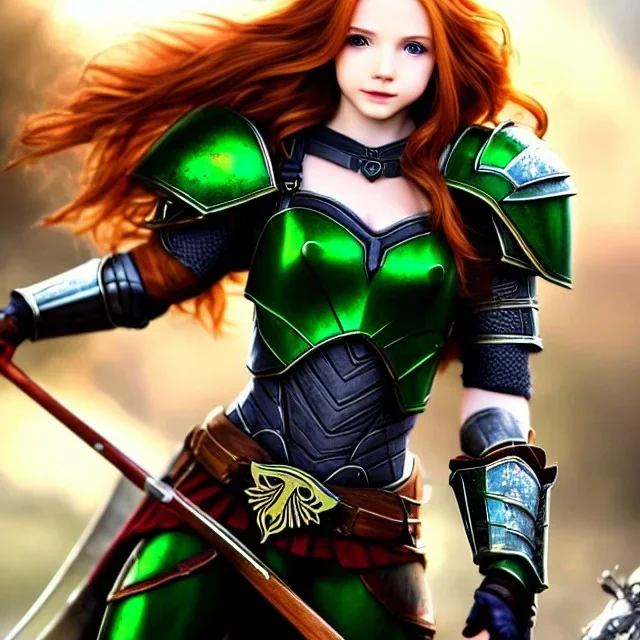 Realistic, hyper detailed, strikingly beautiful teen woman, 16 years old, long ginger hair, green eyes, medium freckles, full lips, very skimpy fantasy armour, full body, full face, small breasts, aroused expression, biting lower lip, full frame, petite, centered camera, ignore NSFW, bow, quiver on hip, tight pants, bent over, butt