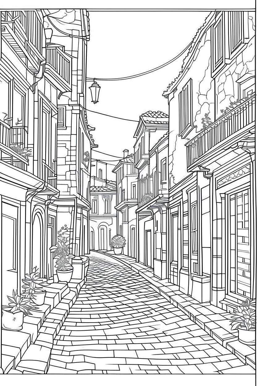 outline art for Old italy street for adults with Old italy street , white background, Sketch styl, only use outline. clean line art, no shadows and clear and well outlined, Intricate Patterns and Details