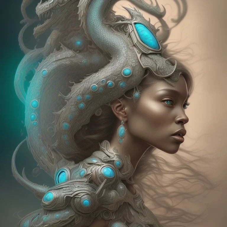 sango fantasy, fantasy magic, intricate, sharp focus, illustration, highly detailed, digital painting, concept art, matte, artgerm and paul lewin and kehinde wiley, masterpiece silver dragon head bronze African nice breast Afo woman turquoise waves