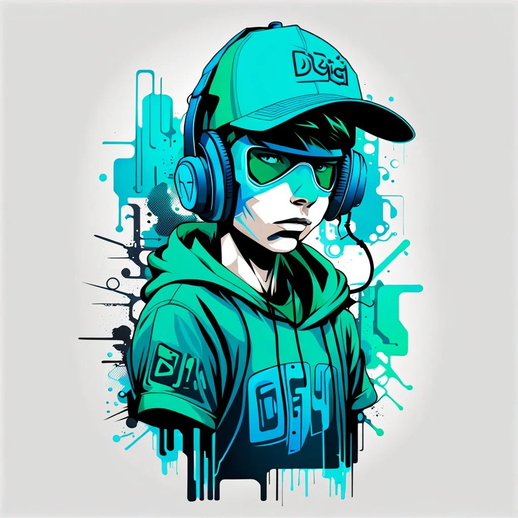 Vector t shirt art ready to print abstract blue green color graffiti illustration of a cyberpunk boys and a basecap with text "Digi".On cap, headphone, white background.