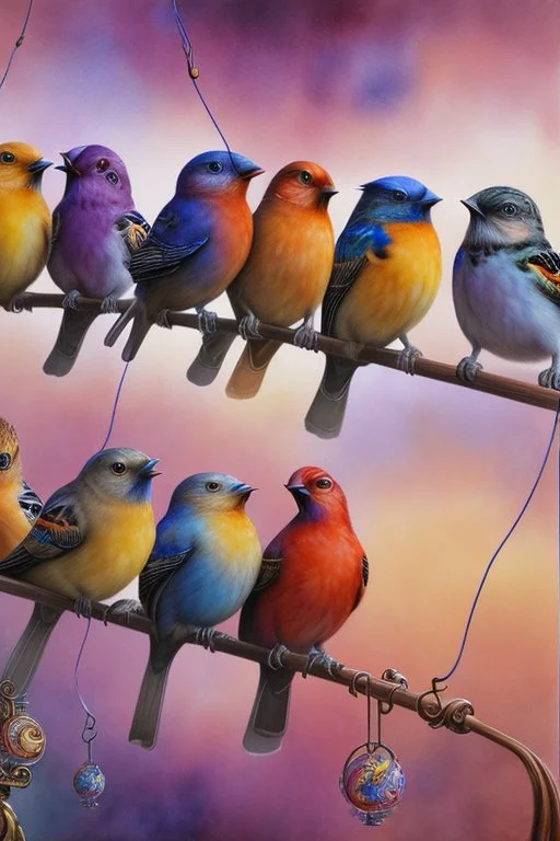 A captivating watercolor illustration featuring six exquisitely rendered birds perched gracefully on a wire. Each bird exhibits a unique color palette, from the rich browns and grays to the bold blues, reds, and yellows, culminating in the enchanting purple hue. The composition emphasizes the birds' side profiles, creating a dynamic visual effect. Their vibrant plumage beautifully contrasts against the pristine white background, resulting in a harmonious blend of nature and color that captivates