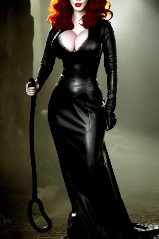 Christina Hendricks dressed in black leather gown, with a whip in her hand, inside a dungeon, busty, cleavage, angry, stern look, volumetric lighting, particales,highly detailed,cinematic, deep colours,8