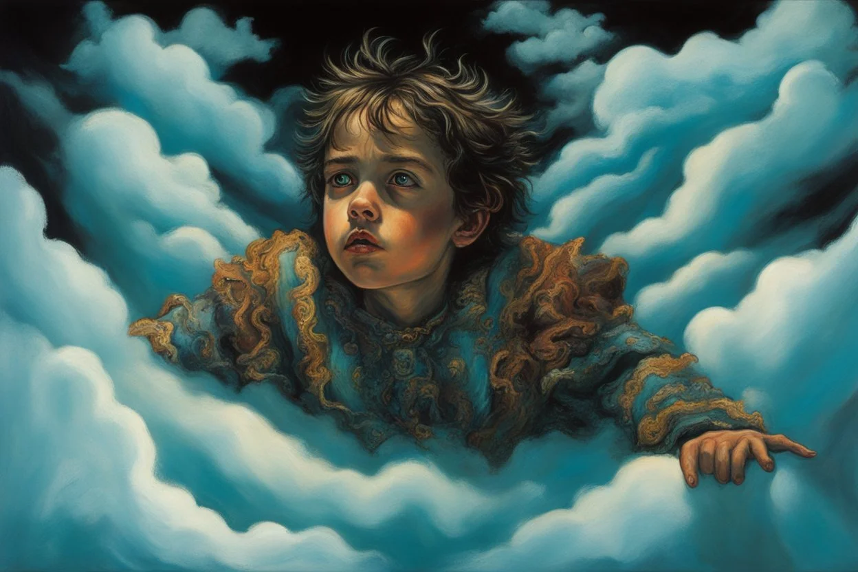 A child having a nightmare floating on a cloud painted by Clive Barker. concept art, mid shot, intricately detailed, color depth, dramatic, 2/3 face angle, side light, colorful background