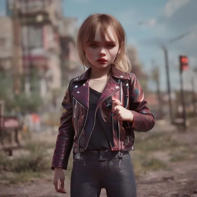 Lily rose depp toddler, full body, floral leather jacket, dynamic pose, tokio background, dramatic lighting, hyper realistic, unreal engine, 8k, upscale