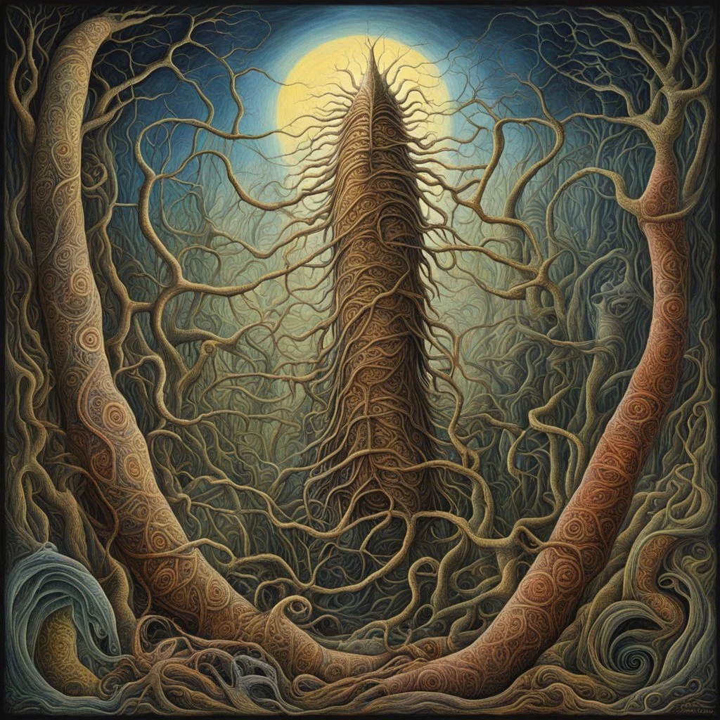 In conflict met het eindige, gestalt surrealism, by Johfra Bosschart, by Otto Rapp, by Amanda Sage, ultra-thin unformed branching worm monstrosity, matte oil painting, rough brush strokes, weird, sinister, nightmarish, minimalist