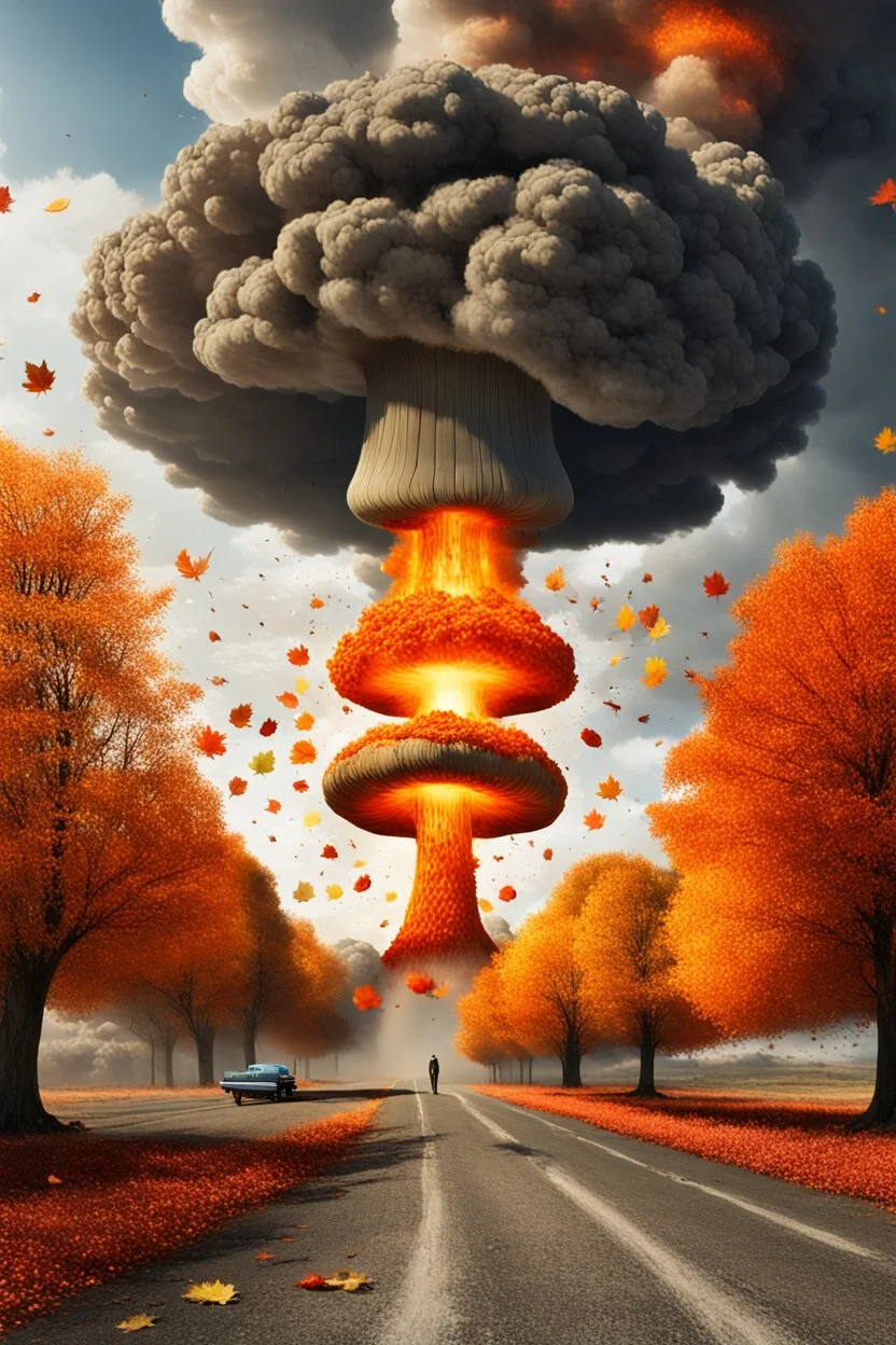 foreground with many falling leaves, behind is a nuclear explosion's mushroom cloud that looks like a tree in fall, with explosion radiating outward, many leaves falling in foreground, ground is dirt and scorched with a road coming down the middle towards viewer, angelic fantastic lighting