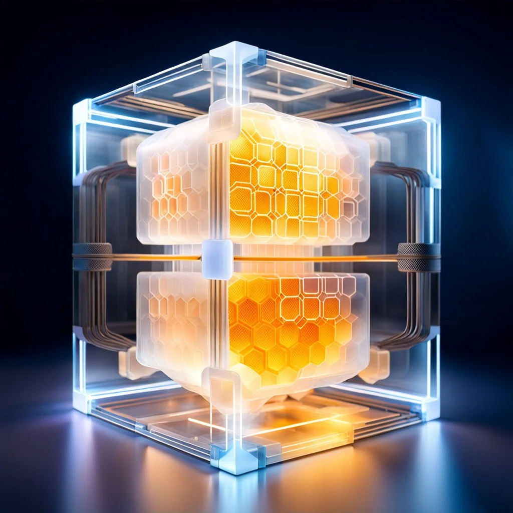 a futuristic translucent neurocube, inside the cube there are partitions made of honeycomb plates