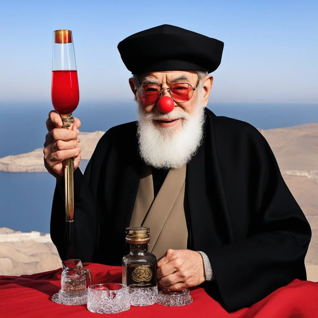 the Grand Ayatollah Ali Khamenei has a red nose the biggest gun and a glass of whisky over the strait of Ormuz (A Better Tomorrow, The Killer, Hard-Boiled) he takes it from under his robe