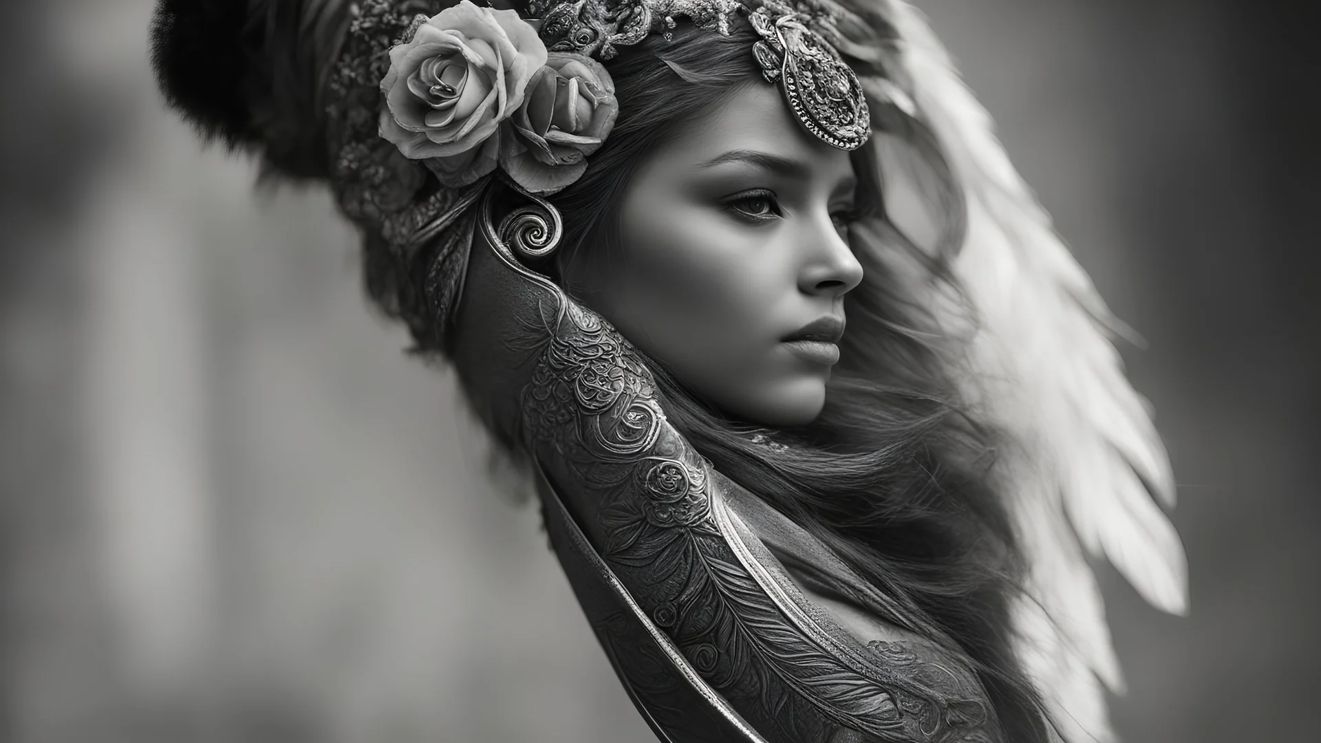 photoreal magnificent intricately engraved roses on feathered magical dagger carried on her native indian hip by lee jeffries, otherworldly, in the style of fantasy movies, photorealistic, shot on Hasselblad h6d-400c, zeiss prime lens, bokeh like f/0.8, tilt-shift lens 8k, high detail, smooth render, unreal engine 5, cinema 4d, HDR, dust effect, vivid colors