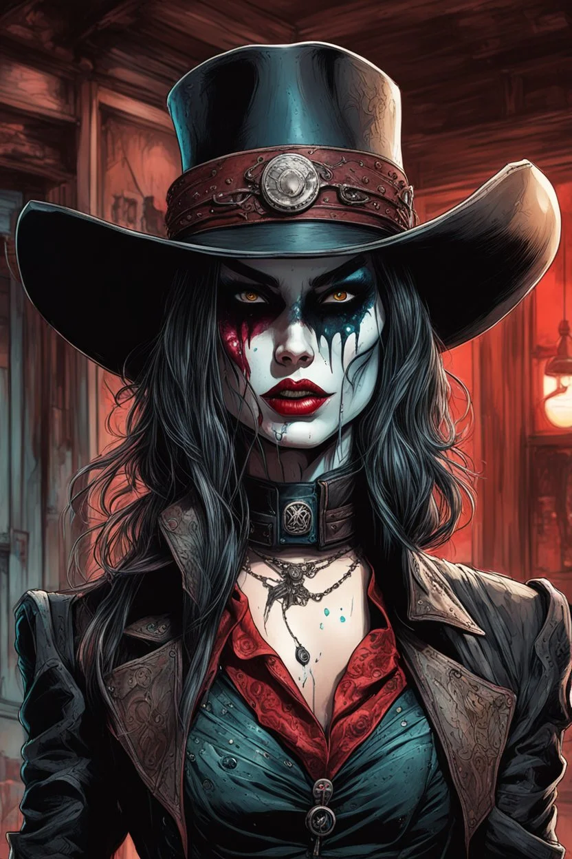 highly detailed concept illustration of an alternate reality Wild West female vampire anti heroine bounty hunter in an abandoned saloon ,maximalist, sharp focus, finely detailed facial features, highest resolution, in the styles of Alex Pardee, Denis Forkas , and Masahiro Ito, boldly inked, 8k, UHD, coarse, gritty, and dusty textures