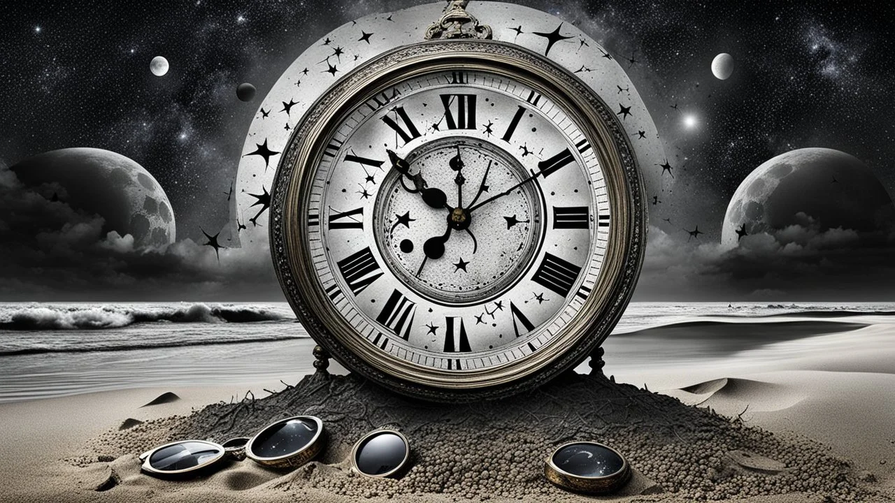Pale gray summer beach cold, gray, fine mist. An antique clock in the sand shows exactly midnight, black lunar eclipse in the dark sky, endless cosmos with melting stars, cracked and broken sunglasses in the sand reflect the lunar eclipse, midnight, dark, surreal mood, mixed media image, realistic photo with ink, mystical abstract reality