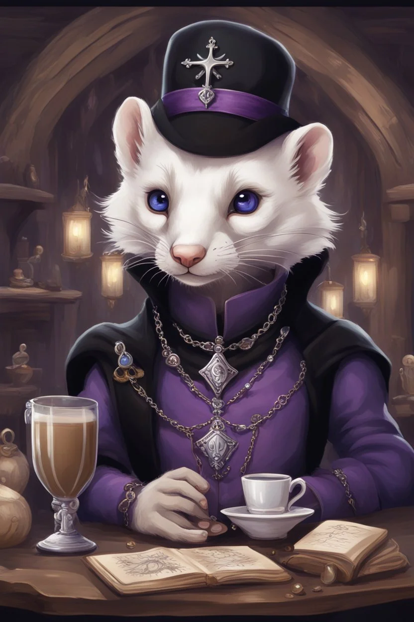 (anthropomorphic white ferret),dressed in ((cleric fantasy)) black and purple clothes with silver holy ornaments, realistic anatomy, fantasy tavern on background, mage and holy symbols around, serious face, hold cup of coffe, tired face, in the style of LOISH, look at the vivewer, blue eyes, cute face