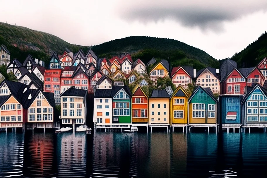 Colored pencil drawing, Very detailed, Realistic, Drawing of the colorfull houses in the city Bergen in Norway. Colorfull, professional, detailed, pencil strokes, calm composition, zoom out.