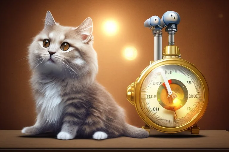 cute fluffy chibi beige cat with a giant thermometer in a modern room in sunshine