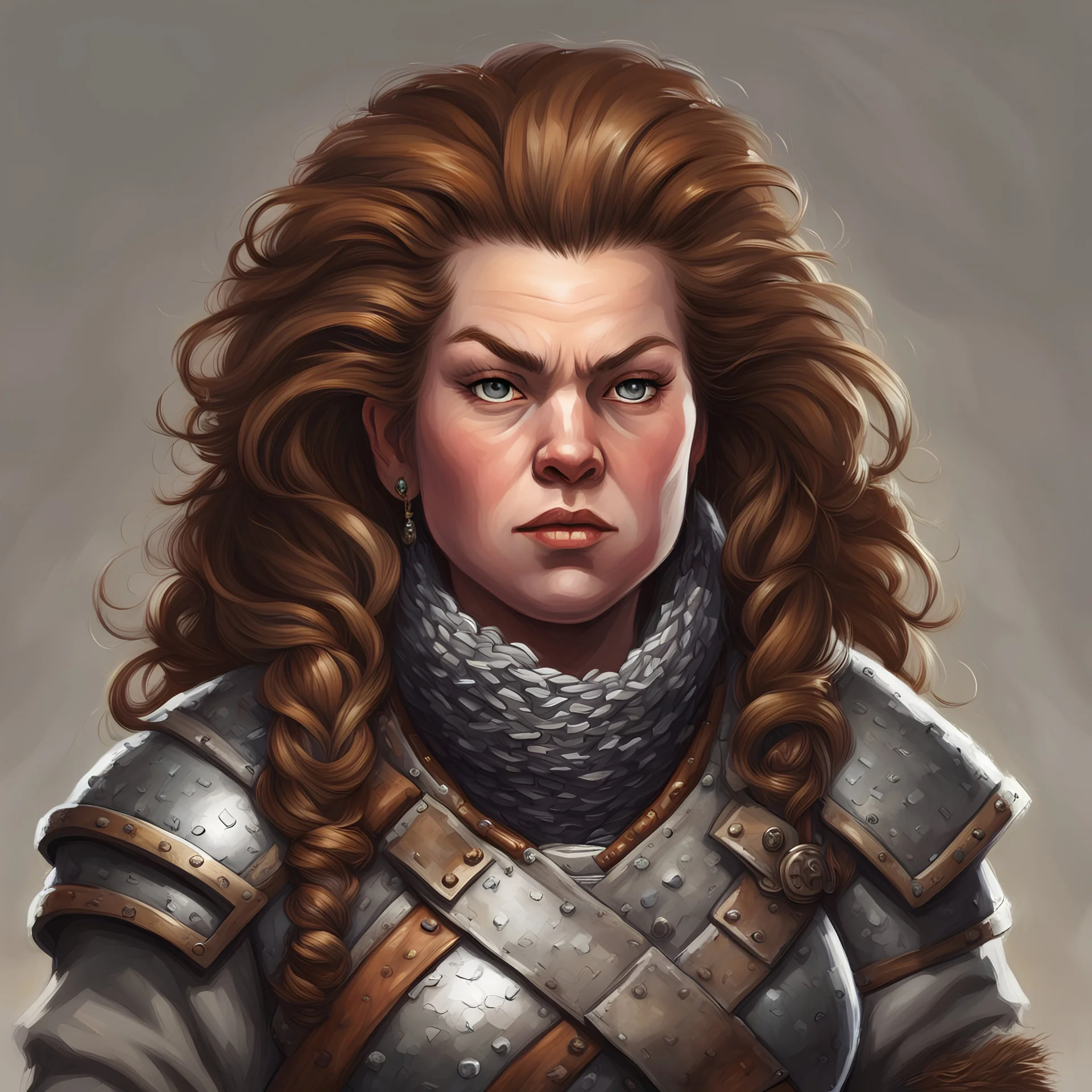 dnd, portrait of female dwarf archivist, wild hair and slight insane looking, plain chainmail