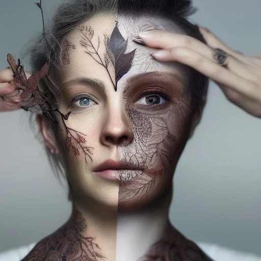 "woman, full face tattoo of leaves and gnarled branches extending past face and morphing into reality, 8k resolution, high-quality, fine-detail, muted colors,intricate, digital art, detailed matte, volumetric lighting, illustration, octane render