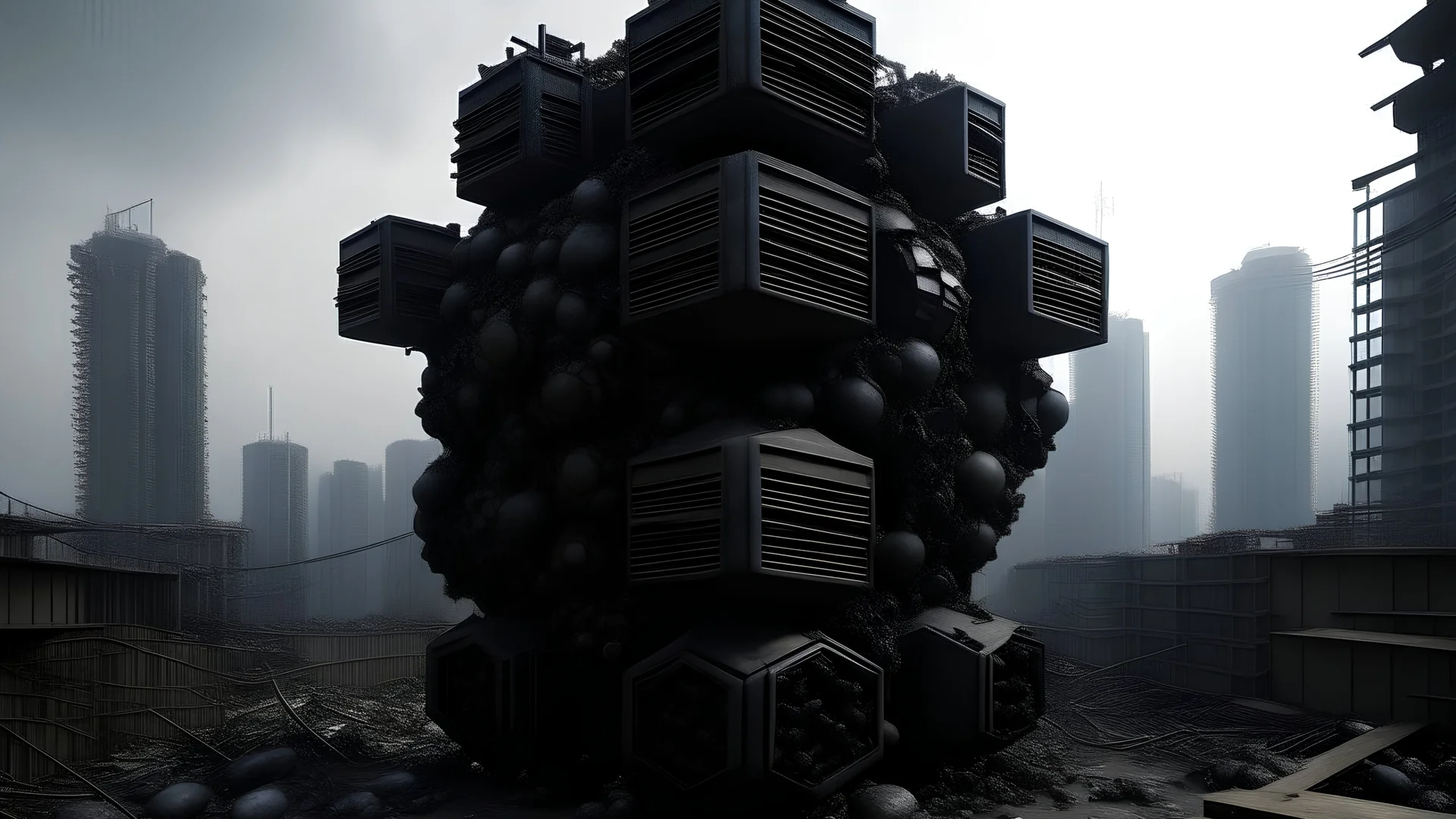 black biological hive spreaded inside a post-apocalyptic city