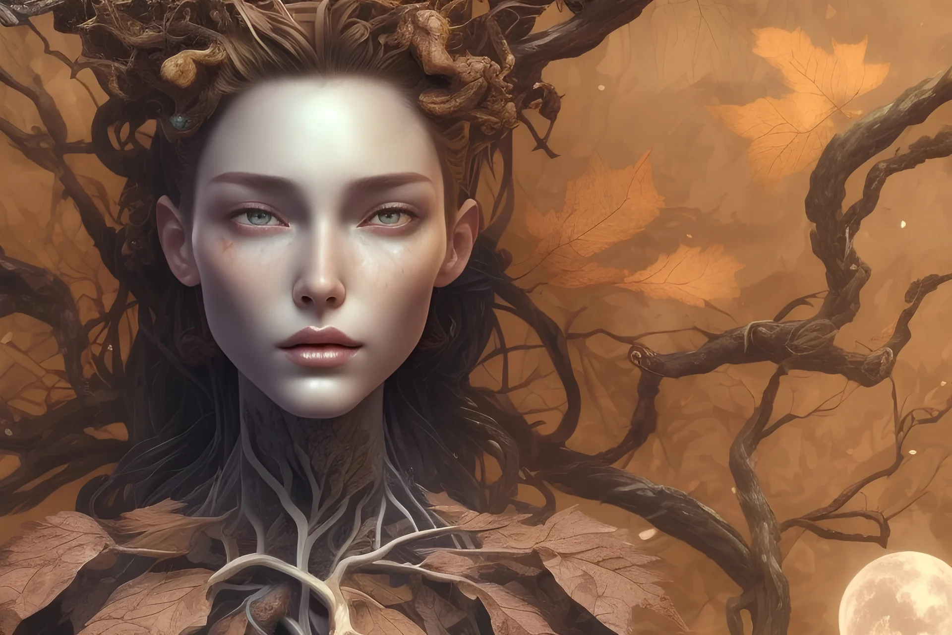 volumetric leaves and gnarled branches environment and background, close-up full face portrait young girl, tattoo of leaves and gnarled branches extending past face and morphing into reality, 8k, high quality, anime, detailed eyes, intricate, digital art, detailed matte, volumetric lighting, illustration, octane render art, small minutiae, tiny features, particulars, hires, 8k, uhd, realistic shaded volumetric lighting, ambient occlusion, backlight, volumetric clouds, exaggerated colors