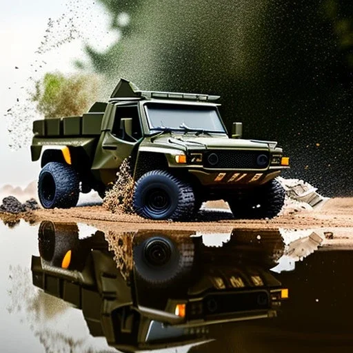 Origami, hyperrealistic shot, muddy military toy truck, monotone color palette, sharp focus, puddle reflection, tire water splash, refraction, mist on the horizon, shadowcast, detailed and intricate, cinematic composition, micro, tilt shift photography