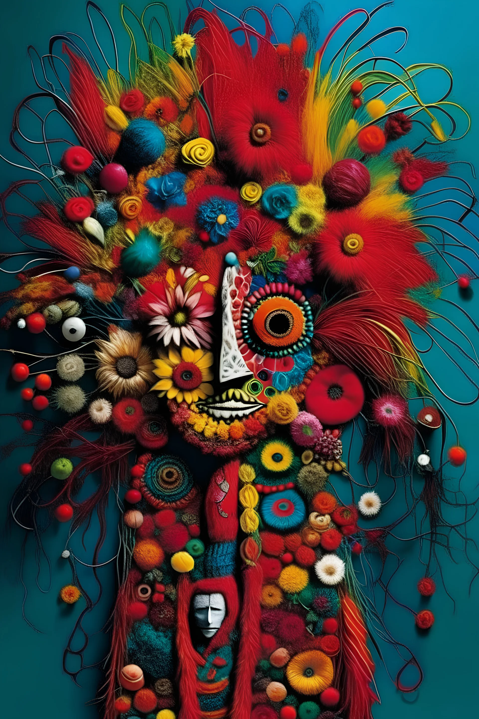 create simple art work inspired by Nick Cave visual artist incorporating textiles, found objects, and vibrant colors to explore themes of identity and self-expression