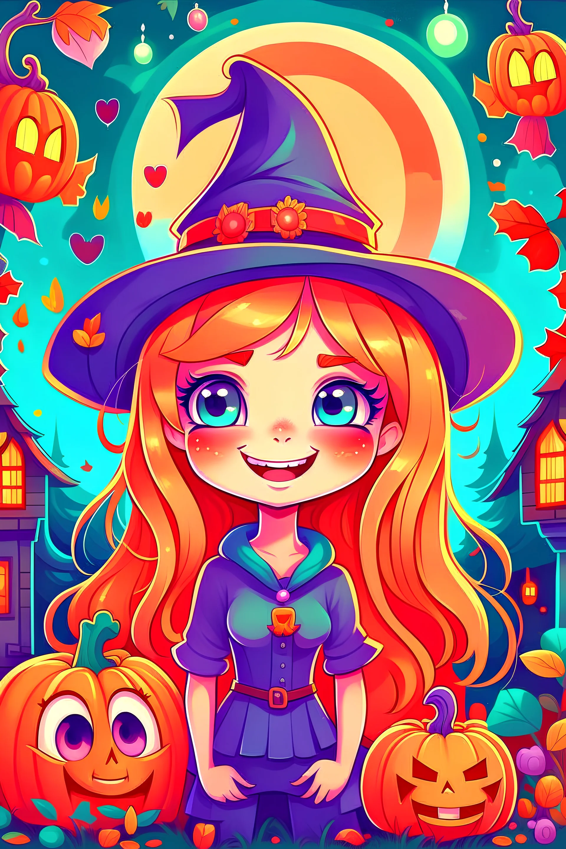 cute baby witch ,beautiful face witch,smilling witch, pumpkin garden, ((halloween symbol)), haunted house, dream world,colorful